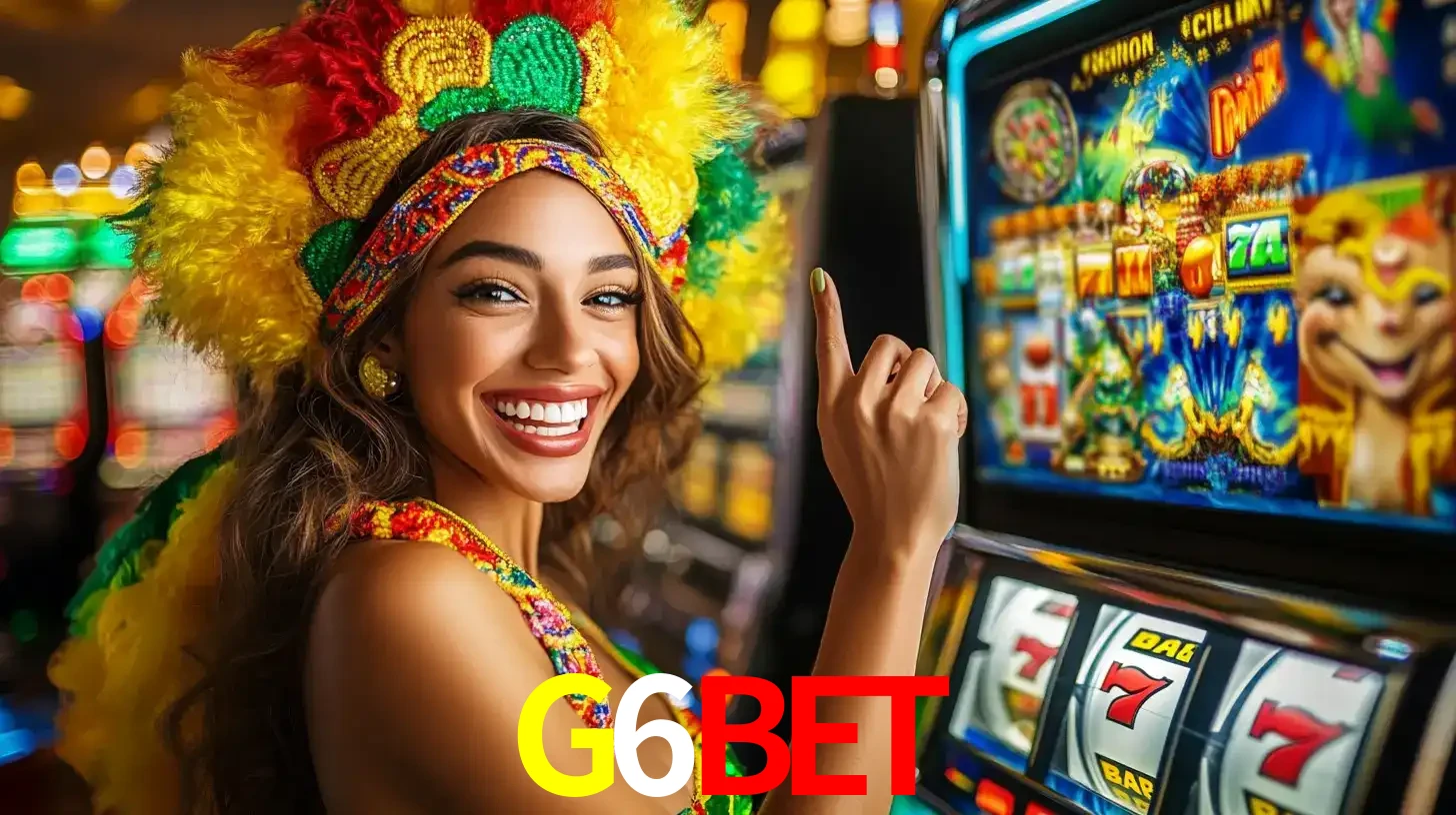 Mulher animada com um cocar de carnaval apontando para uma máquina de caça-níqueis, mostrando a emoção de ganhar um grande prêmio nos jogos do G6BET.