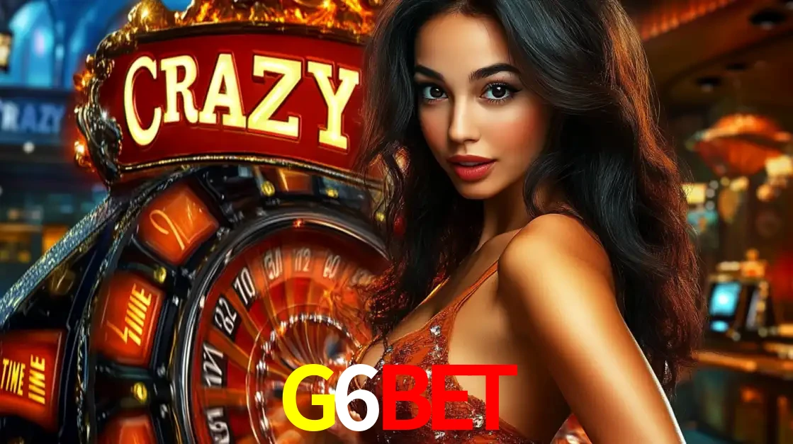 Mulher glamourosa olhando para a câmera com a roda vermelha do Crazy Time ao fundo em um ambiente de cassino, destacando a emoção dos jogos ao vivo no G6BET.