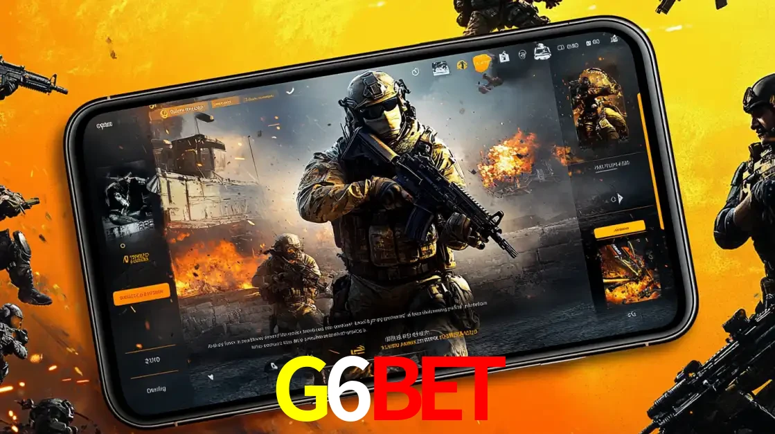 Um smartphone exibindo a interface de um jogo de tiro em primeira pessoa, com um soldado em um cenário de batalha, representando a ação dos e-sports para apostar no G6BET.