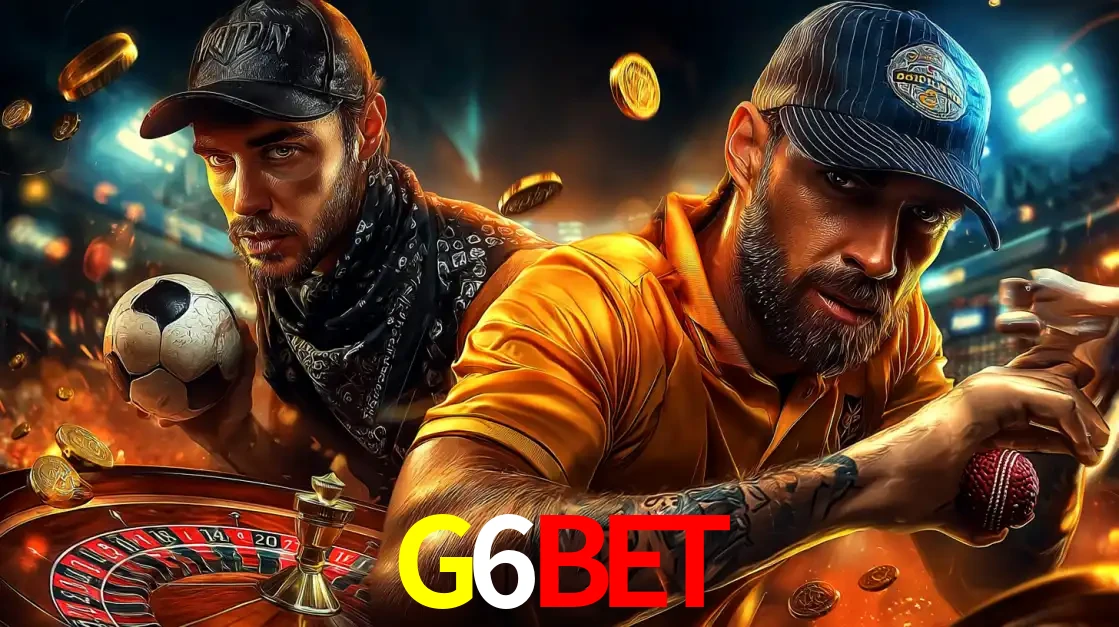 Montagem de apostas esportivas e cassino no G6BET, com um homem segurando uma bola de futebol e outro uma de beisebol sobre uma roleta e moedas voadoras.