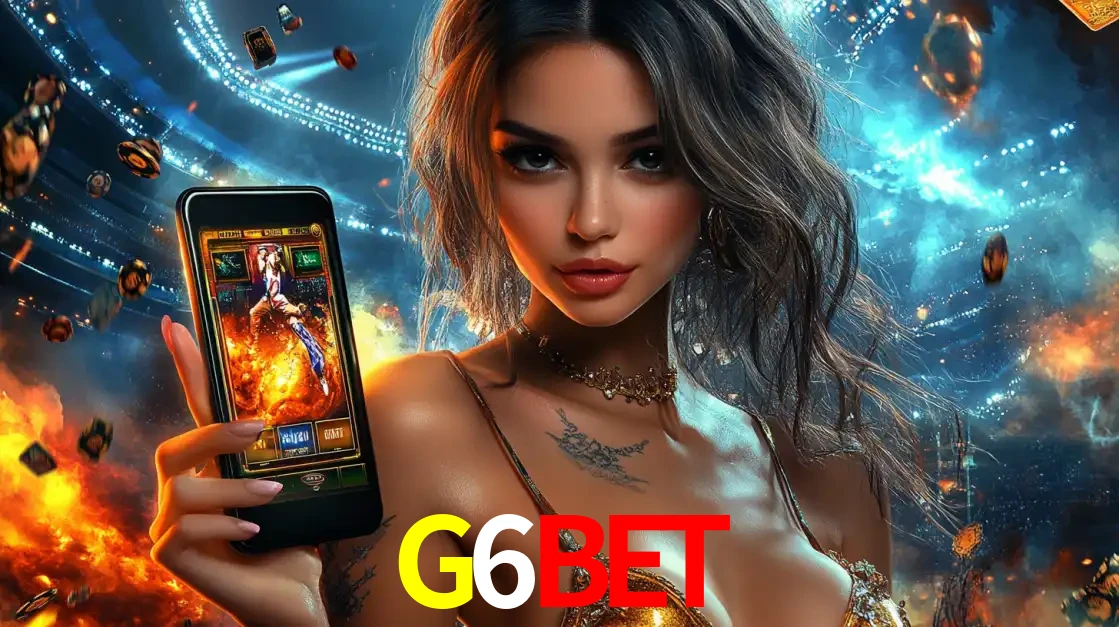 Mulher segurando um celular com um jogo de slot em destaque, tendo como fundo um estádio vibrante, simbolizando a emoção de jogar no cassino móvel G6BET.